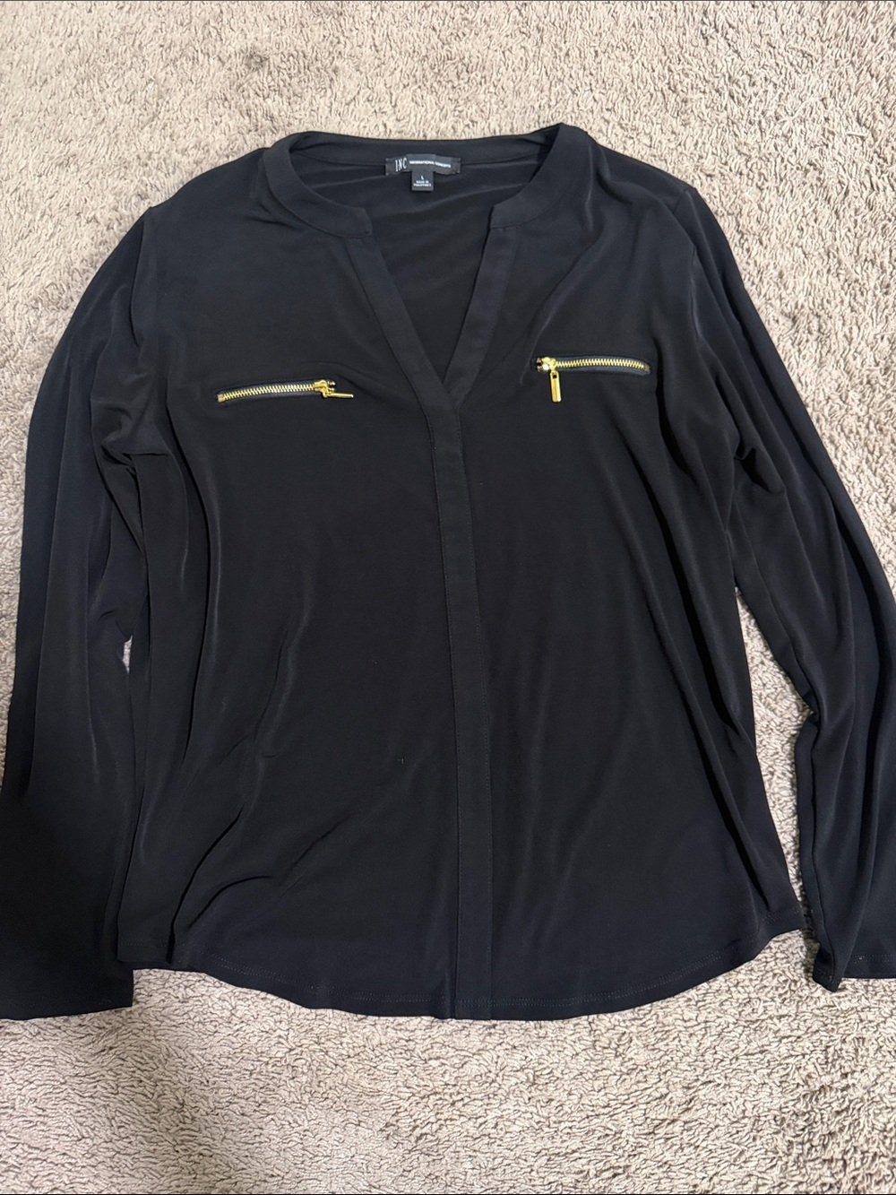 INC International Concepts Black Long-Sleeve V-Neck Top with Gold Zipper Accents